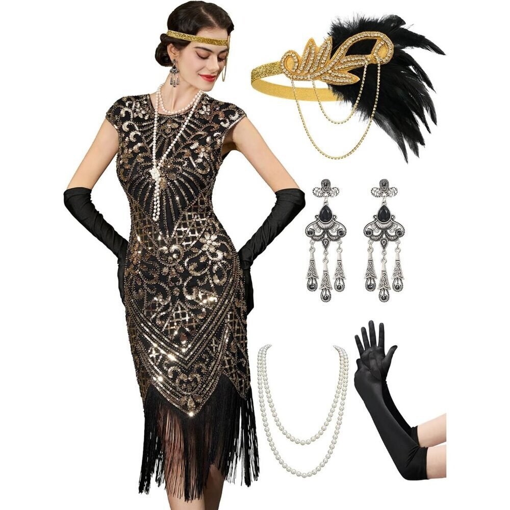 1920s Flapper Dress Women's Sequin Fringe Gatsby Costume Accessories